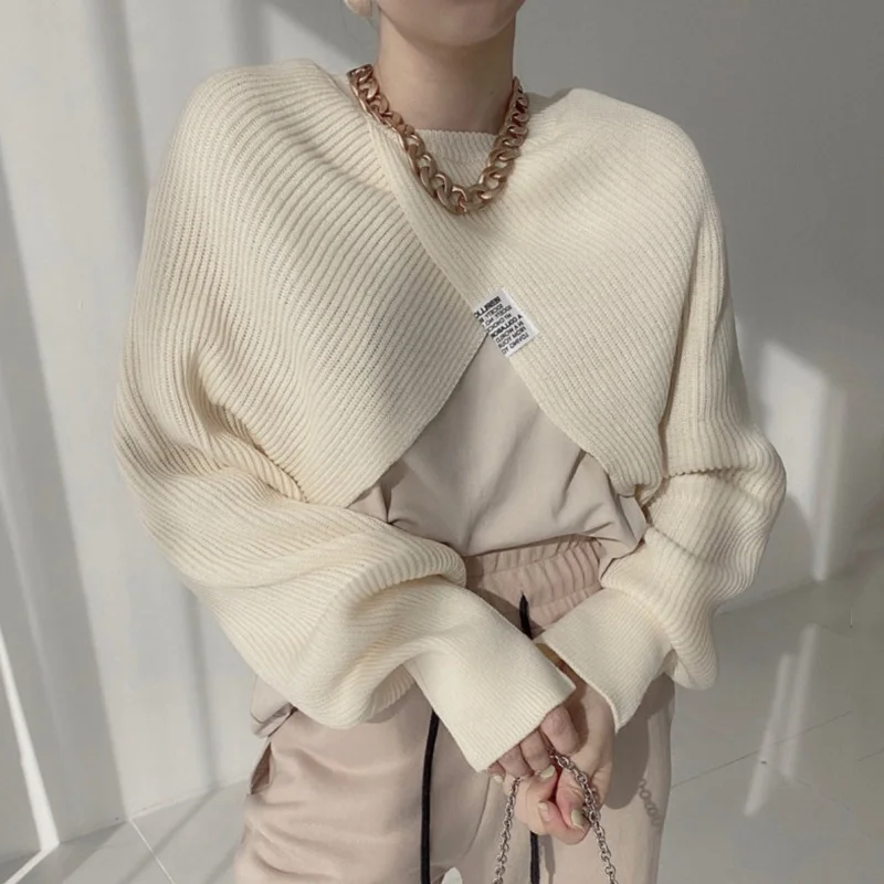 

Женский укороченный свитер в Корейском стиле, с отложным воротником