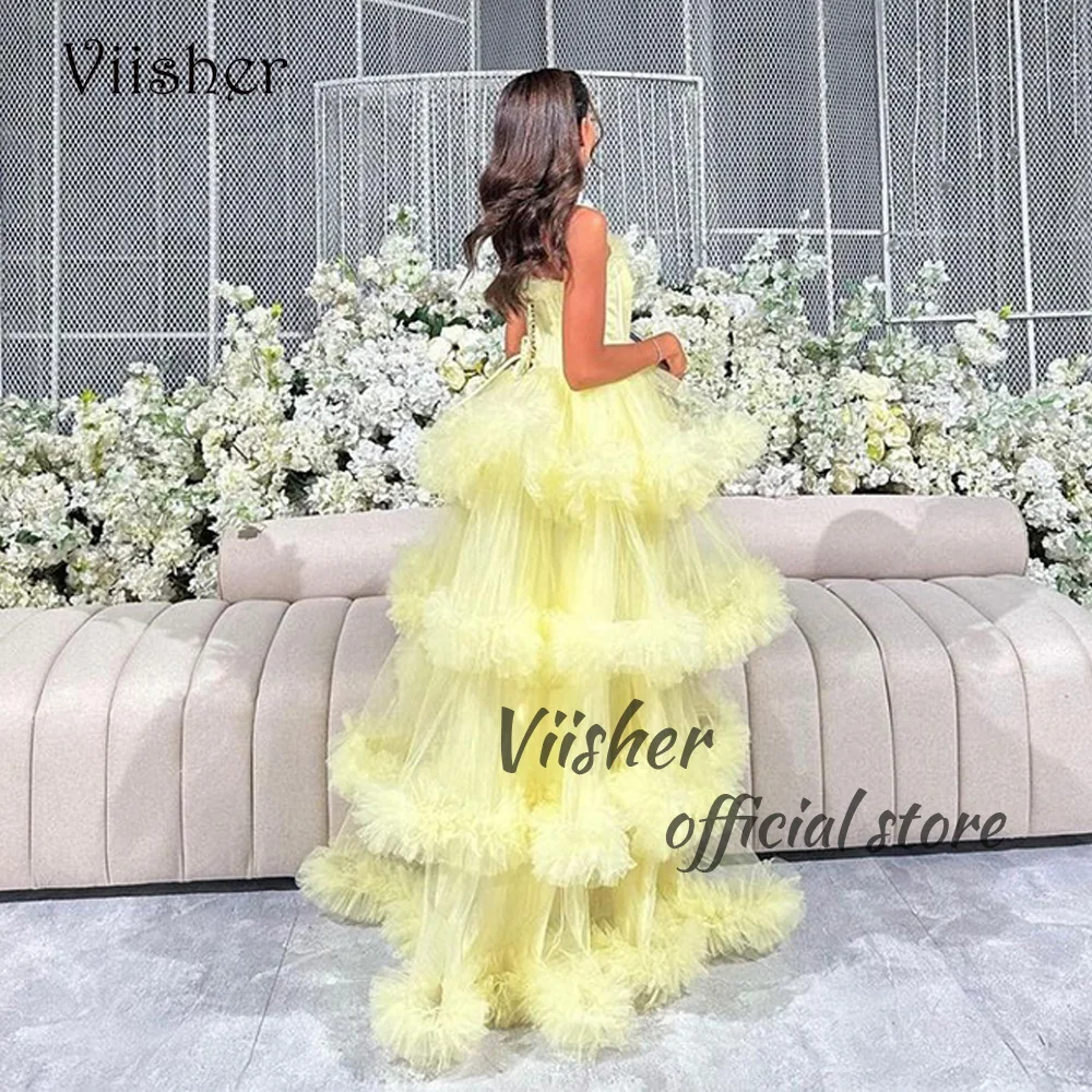 

Viisher Yellow Tiered Tulle A Line Prom Dresses Strapless A Line Luxury Celebrate Party Dress Saudi Arabic Evening Gowns