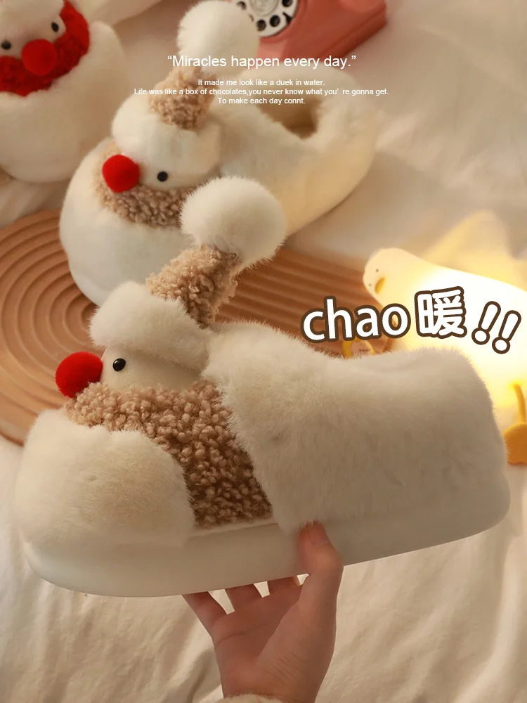 Christmas Snowman Cotton Home Shoes Women Slipper 2022 Winter Wrap Heel Plush Slippers Men's Thick Soled Slipper