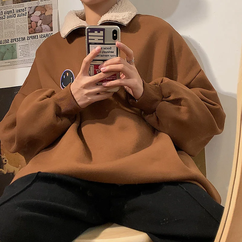 

Privthinker Preppy Style Thicken Men Women Oversized Sweatshirts Smile Printed Man Casual Hoodies Korean Male Pullovers Tops