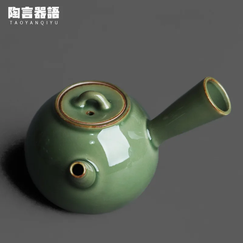 

Secret Yue Kiln celadon side handle teapot Handmade antique pottery teapot Tea making single pot Coffee pot Wine pot
