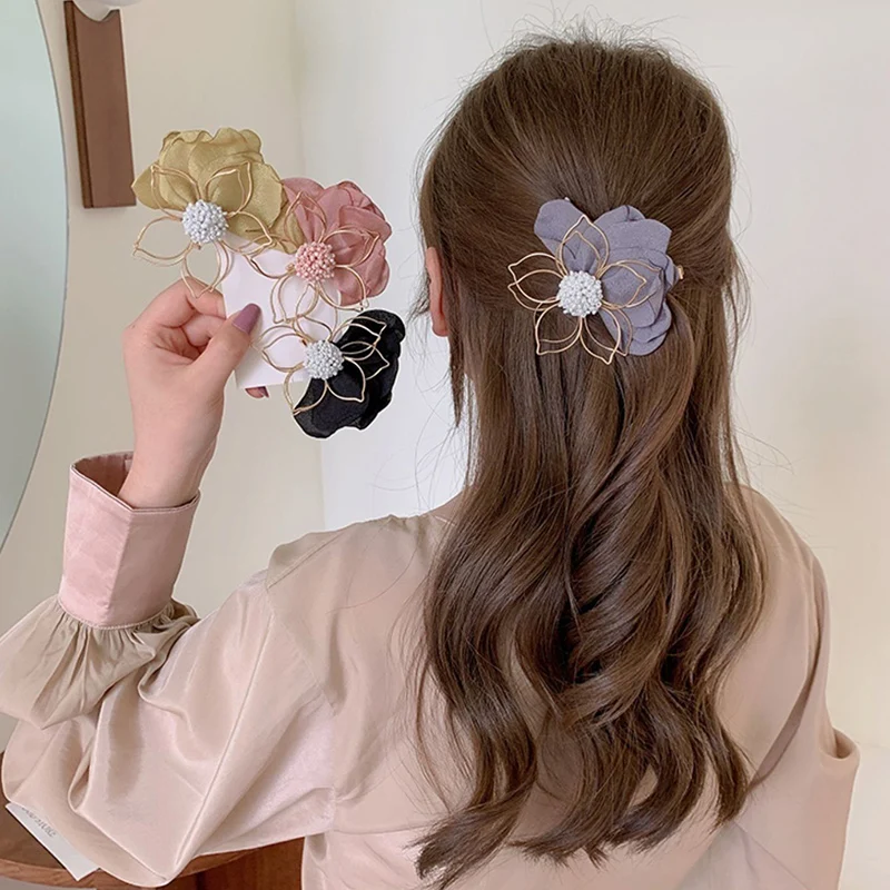 

Lystrfac Korean Summer Elegant Metal Flower Hairpin for Women Girls Back Head Hair clips Sweet Headdress Duckbill Clip Headwear