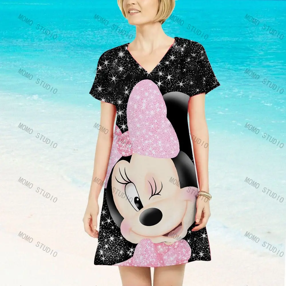 

Minnie Mouse Party Dresses Beach Dress Women 2022 V-Neck Evening Disney Sexy Cartoon Y2k Mickey Boho Prom Elegant Women's Summer