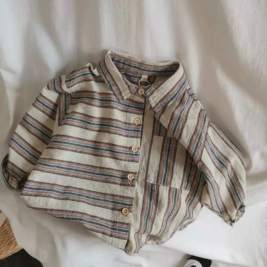 

RiniLucia 2022 New Fashion Korean Boys Girls Striped Long Sleeve Lapel Shirts Autumn Children Irregular Casual Tops Clothes