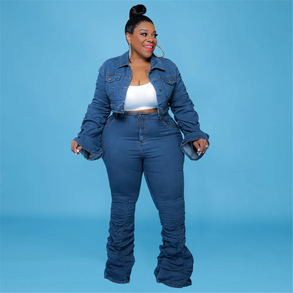Fashion Plus Size Suit Denim Long Sleeve Jacket With Gathered Pants Solid Color Long Suit Female Clothing Autumn Spring 2022 New