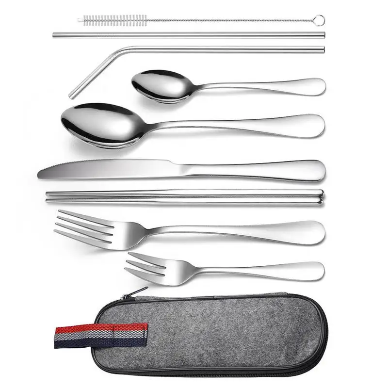 

Flatware Cutlery Set 9-Piece Portable Stainless Steel Utensils Set Stainless Steel Fork Spoon Reusable Lunch Silverware Set For