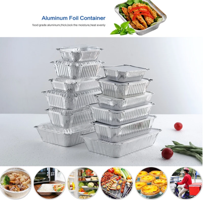

50PCS Disposable Aluminum Foil Food Storage Baking Tray Pans with Lids for Take Away Food Containers Box Kitchen Utensils