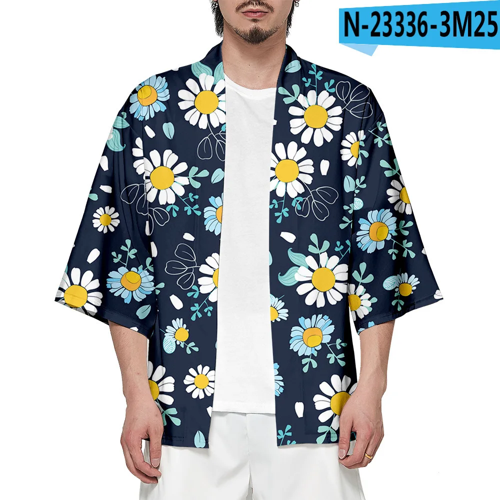 3XL-6XL Men Print Flowers Kimono Robe 3/4 Sleeve Cardigan Chinese Casual Loose Home Shirts Summer New Bathrobe