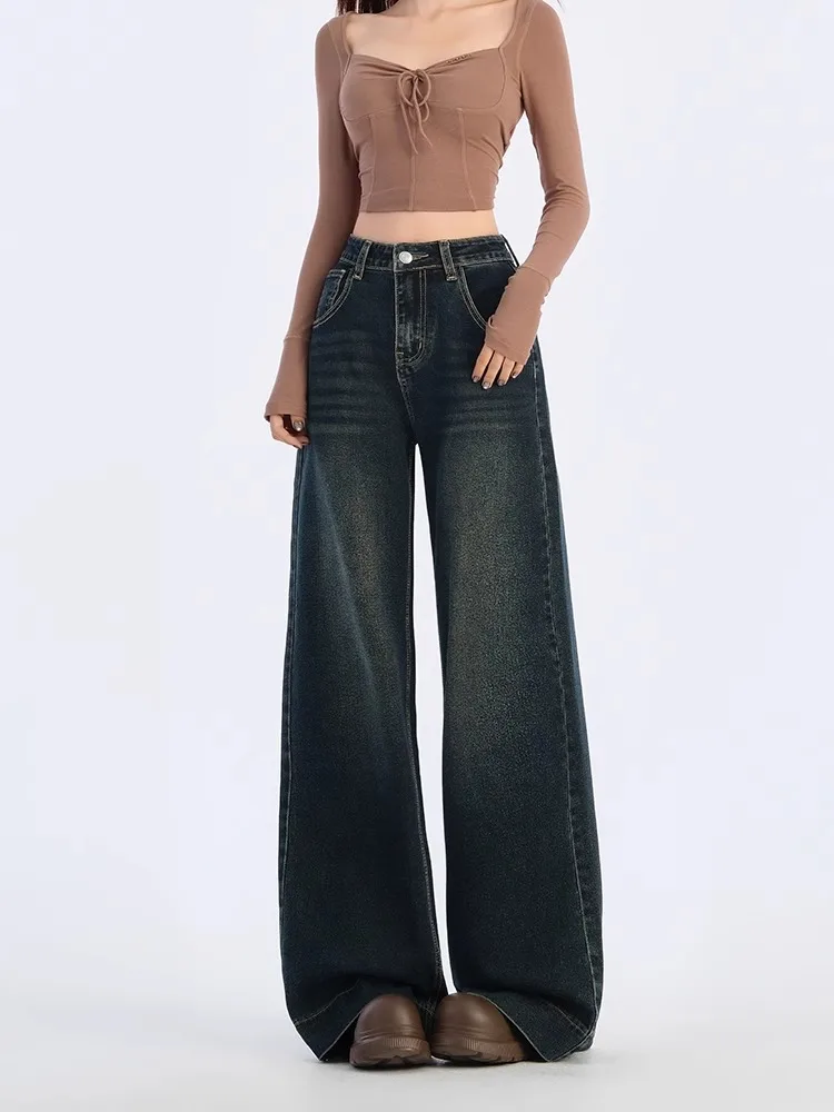 Idolera синие и серые широкие джинсы женские осень зима 2024 новые свободные брюки с