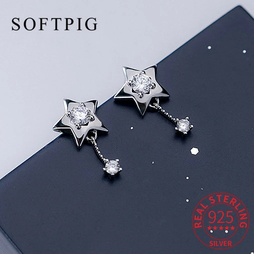 

SOFTPIG Real 925 Sterling Silver Zircon Star Tassel Stud Earrings For Women Party Classic Fine Jewelry Minimalist Accessories