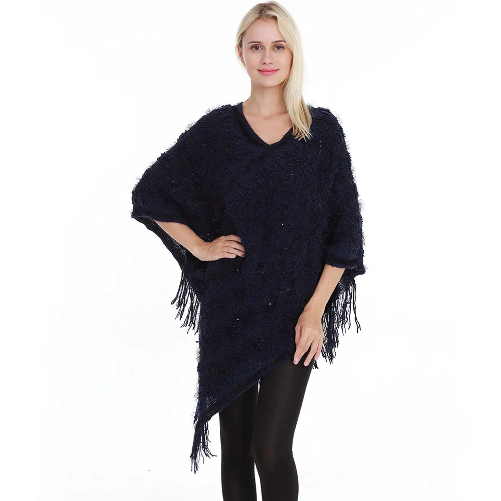 

2022 Autumn Winter New European and American Style Solid Pullovers Sequin Wool Tassel Cloak Large Women's Wear Capes & Ponchos
