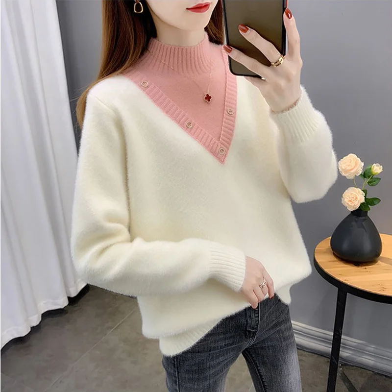 

Winter Autumn Thick Patchwork Half High Collar Sweater Women Pullover Fashion 4 Color Long Sleeve Faux Mink Cashmere Tops Female