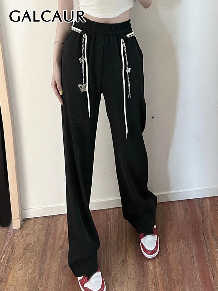 

Брюки GALCAUR женские с эластичной завышенной талией, повседневные Свободные Лоскутные Брюки с цепочкой и бантом, модная одежда на весну, 2022
