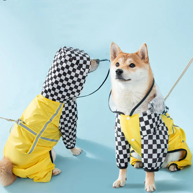 

Pet Dog Hooded Four-legged Plaid Raincoat Dog Reflective Waterproof Clothes Chihuahua Large Medium Small Sweatshirts