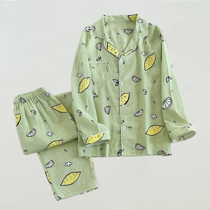 Pajamas Summer Women Cotton Cartoon Cat Printed 2Pcs Turn-down Neck Shirt+Pants Pyjamas Soft Clothes Female Underwear