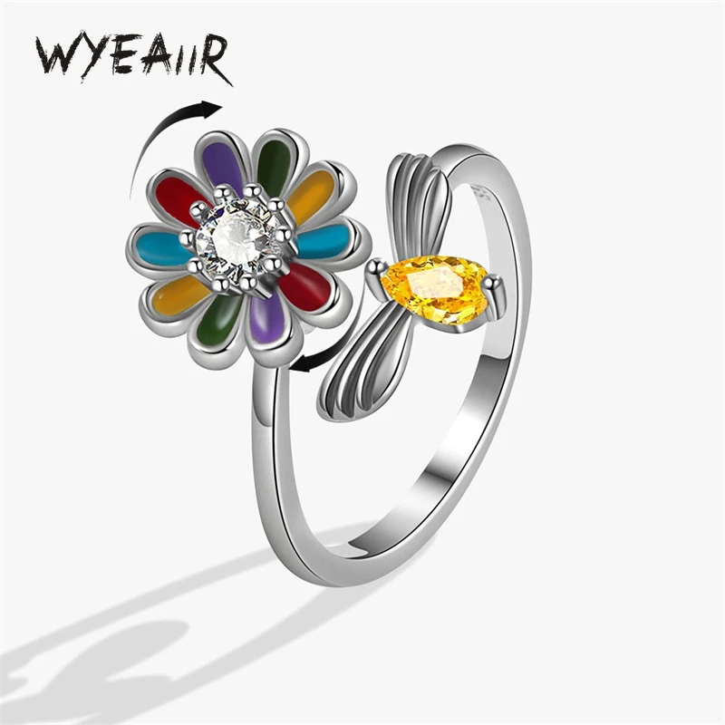 

Женское кольцо с цветком пчелы WYEAIIR, вращающееся колечко из стерлингового серебра 925 пробы с разноцветным цирконием и изменяемым размером, Роскошные ювелирные украшения