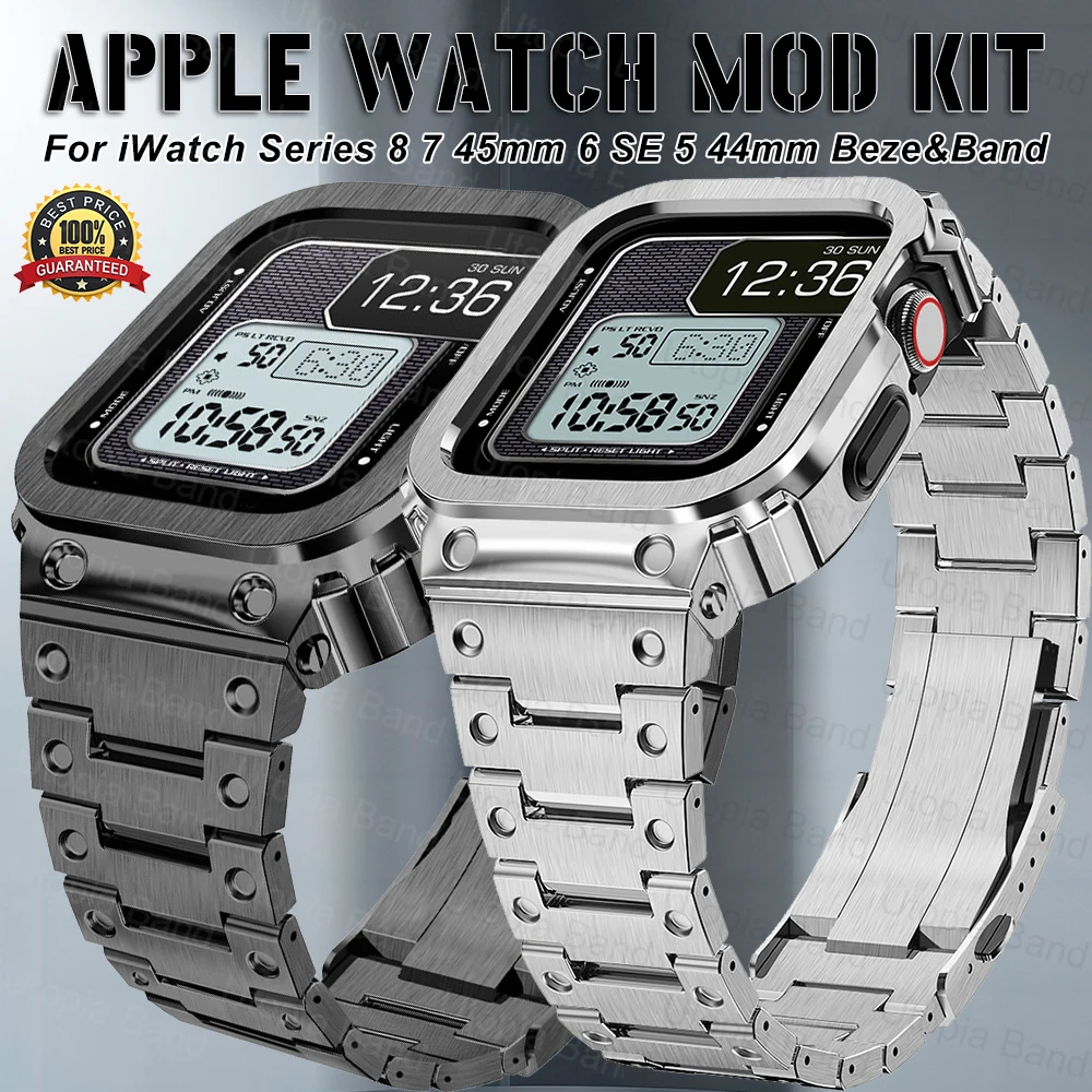 

Luxury Metal Bezel Modification Kit for Apple Watch 8 7 45mm Stainless Steel Strap & Case For iWatch 6 Se 5 4 44mm Rubber Band