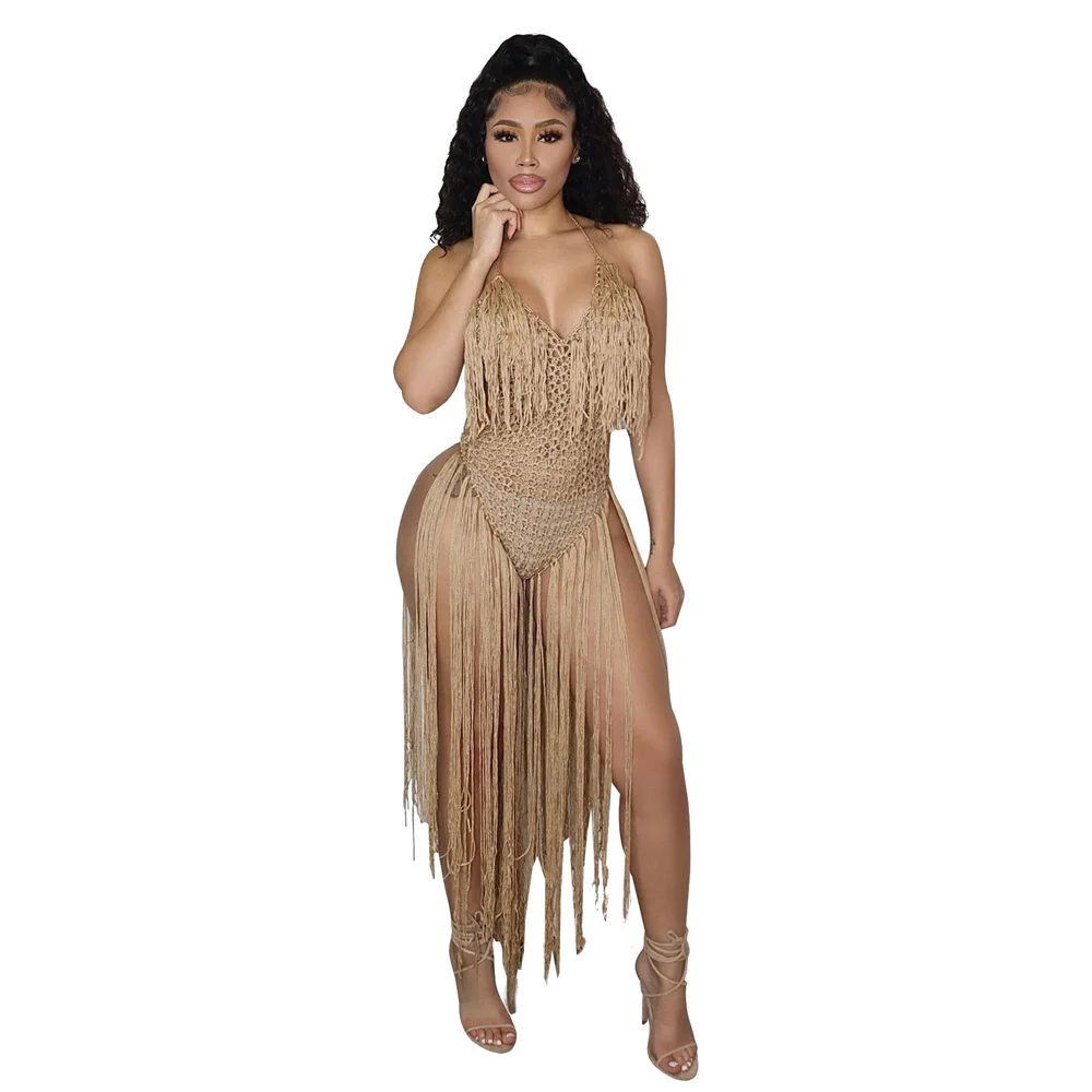 

RT Sexy Tassels Knitted Dresses Halter Backless Crochet Cover Ups Hollow Out Crocheted Beach Swimsuits