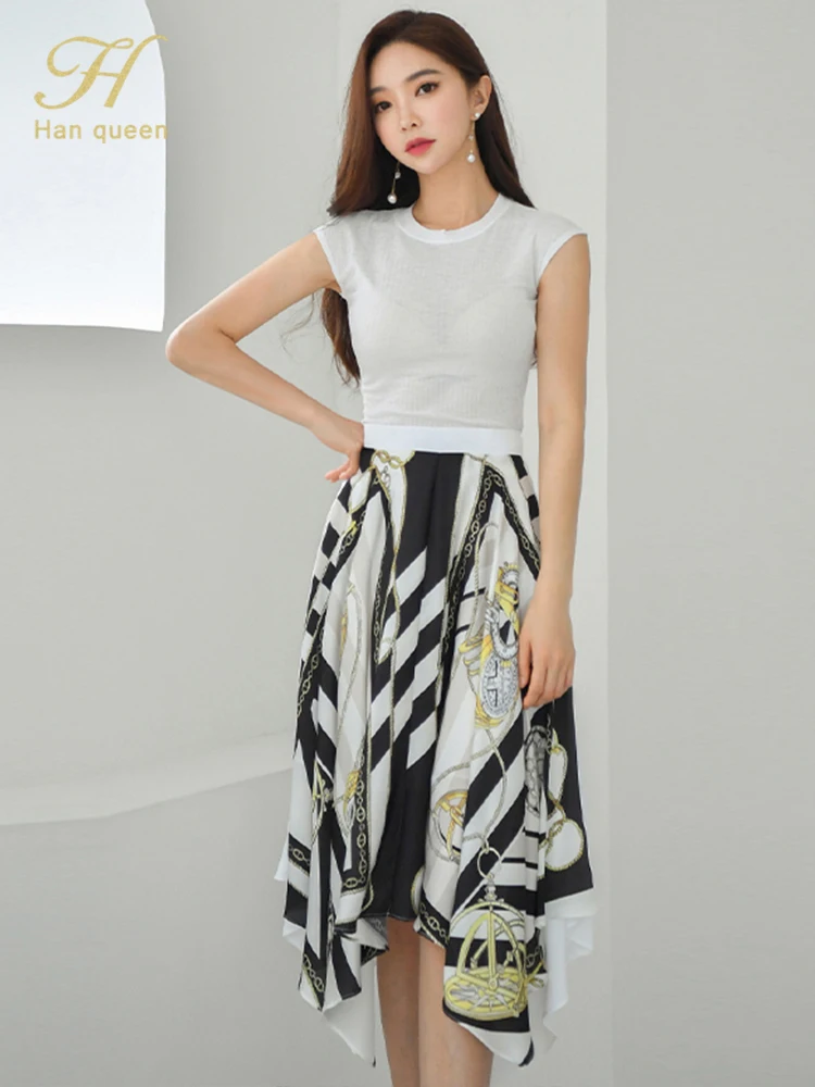 

H Han Queen Hot Sale Women 2022 Work 2 Pieces Set O-Neck White Blouses & High Waist Print A-Line Skirt Korean Simple Skirt Suit