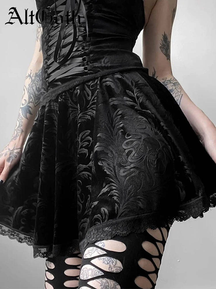 

AltGoth Gothic Dark Velvet Skirt Women Punk Vintage Y2k High Waist Lace Trim Flocking Skirt Emo Alt Fairycore Mall Goth Skirts