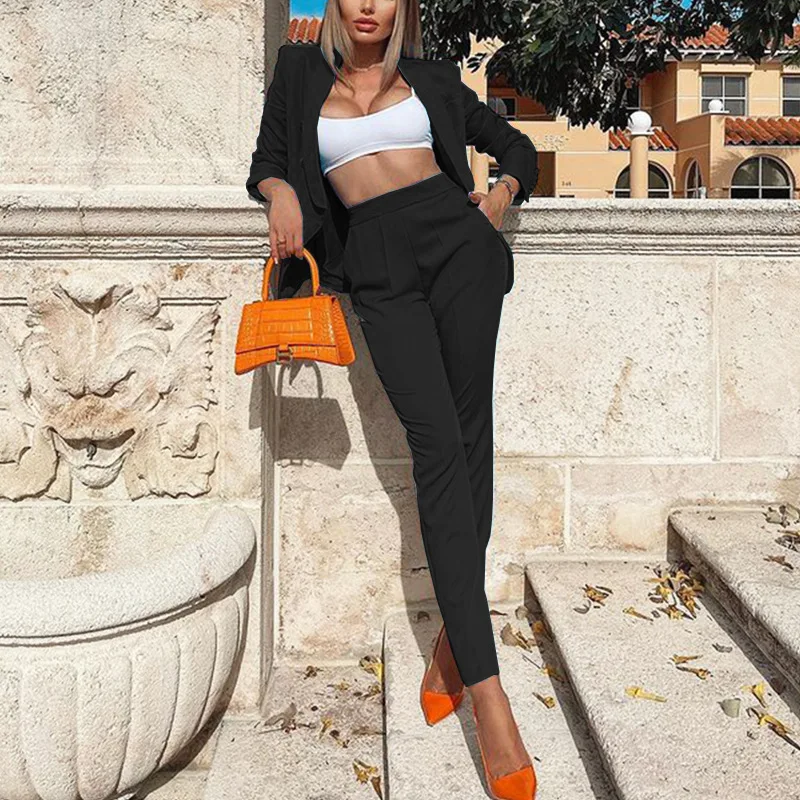 2023 NEW Autumn Solid Office Women's Set Notched Neck Blazers Flare Bellbottom Pants Set Tracksuit Two Piece Set Fitness Outfits