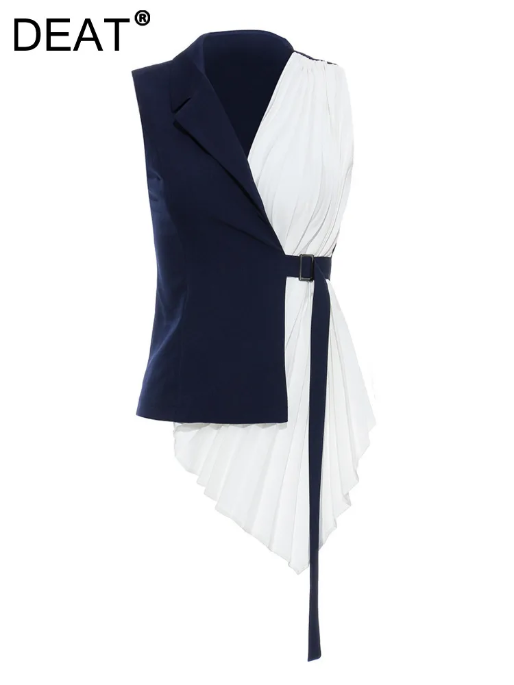 

DEAT Fashion Women's Vest V-neck Slim Panelled Color Patchwork Pleated Irregular Belt Lace Up Waist Top Summer 2023 New 7YZ721
