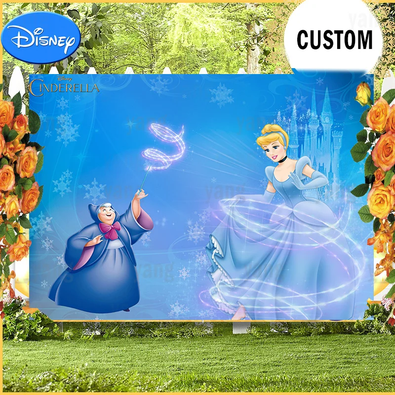 Disney Castle Blue Dress Fairy Godmother Princess Backdrop Girls Birthday Party Decor Custom Background Cinderella Baby Shower