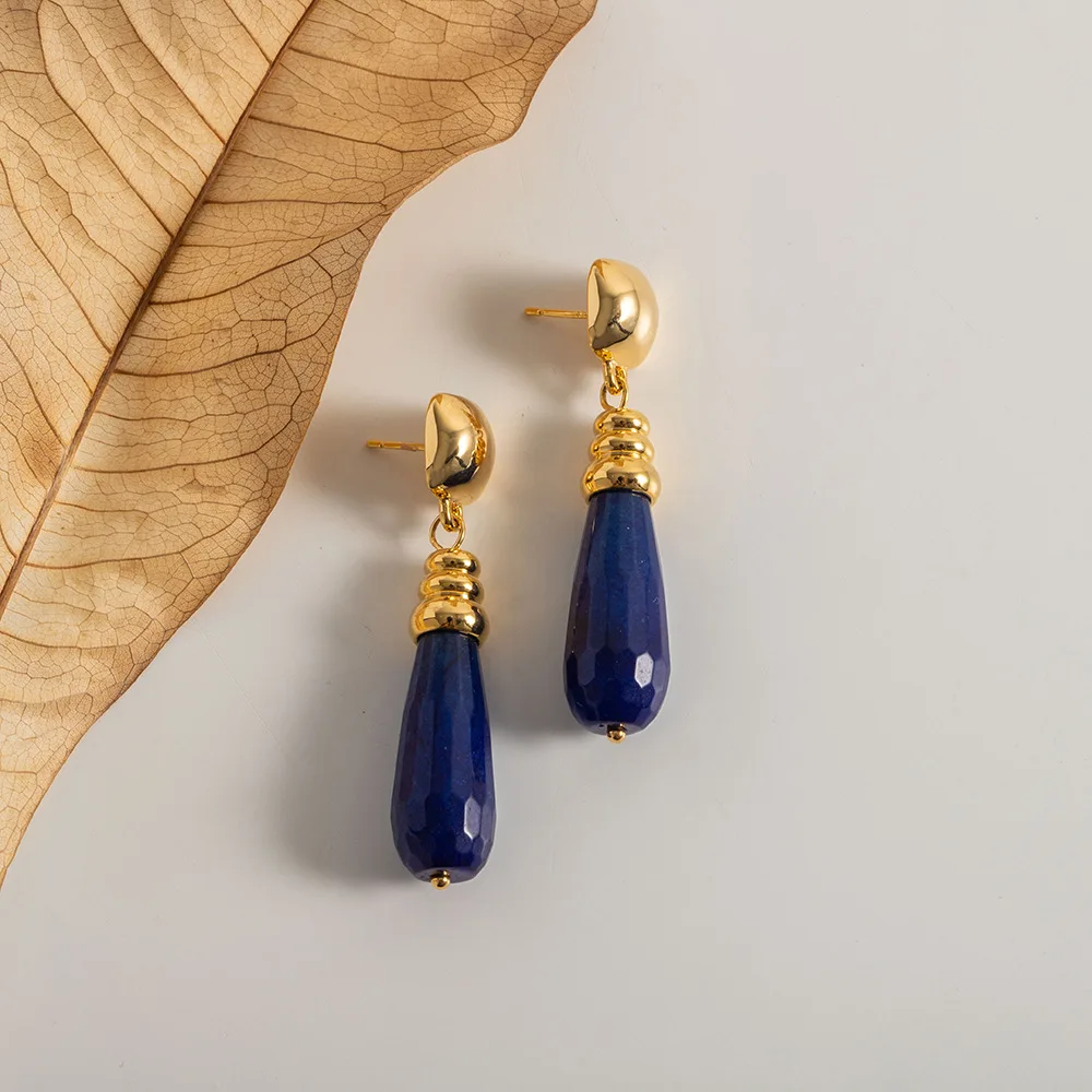 

Natural blue lapis lazuli water drop earrings women's vintage French niche elegant tear pendant classic eardrop