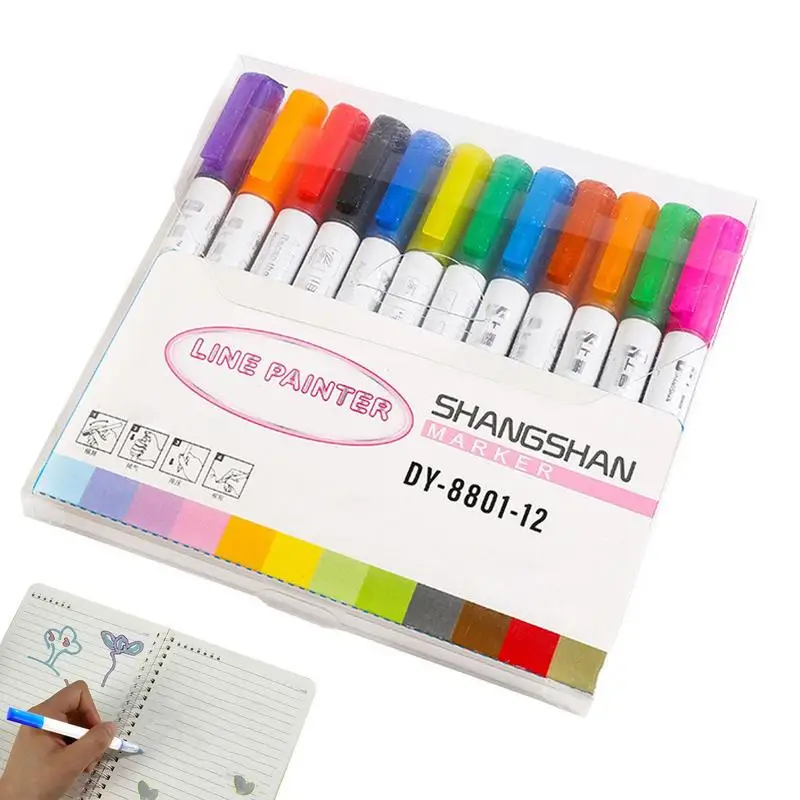 

Двусторонние маркеры, 12 цветов, Набор двусторонних самоконтурных маркеров для детей «сделай сам», хайлайтер, блеск для рисования, мерцающие ручки для раскрашивания
