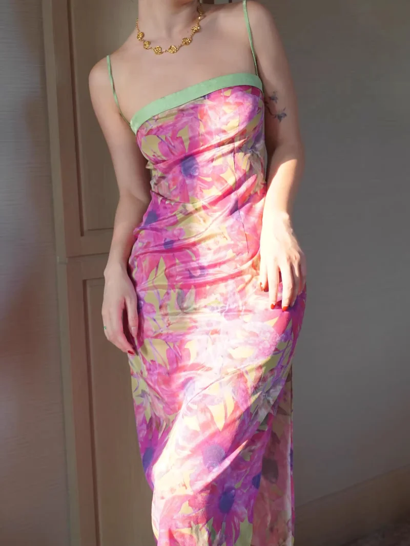 

Женское винтажное платье на бретелях-спагетти, облегающее платье до середины икры с цветочным принтом в стиле шик для отпуска, лето