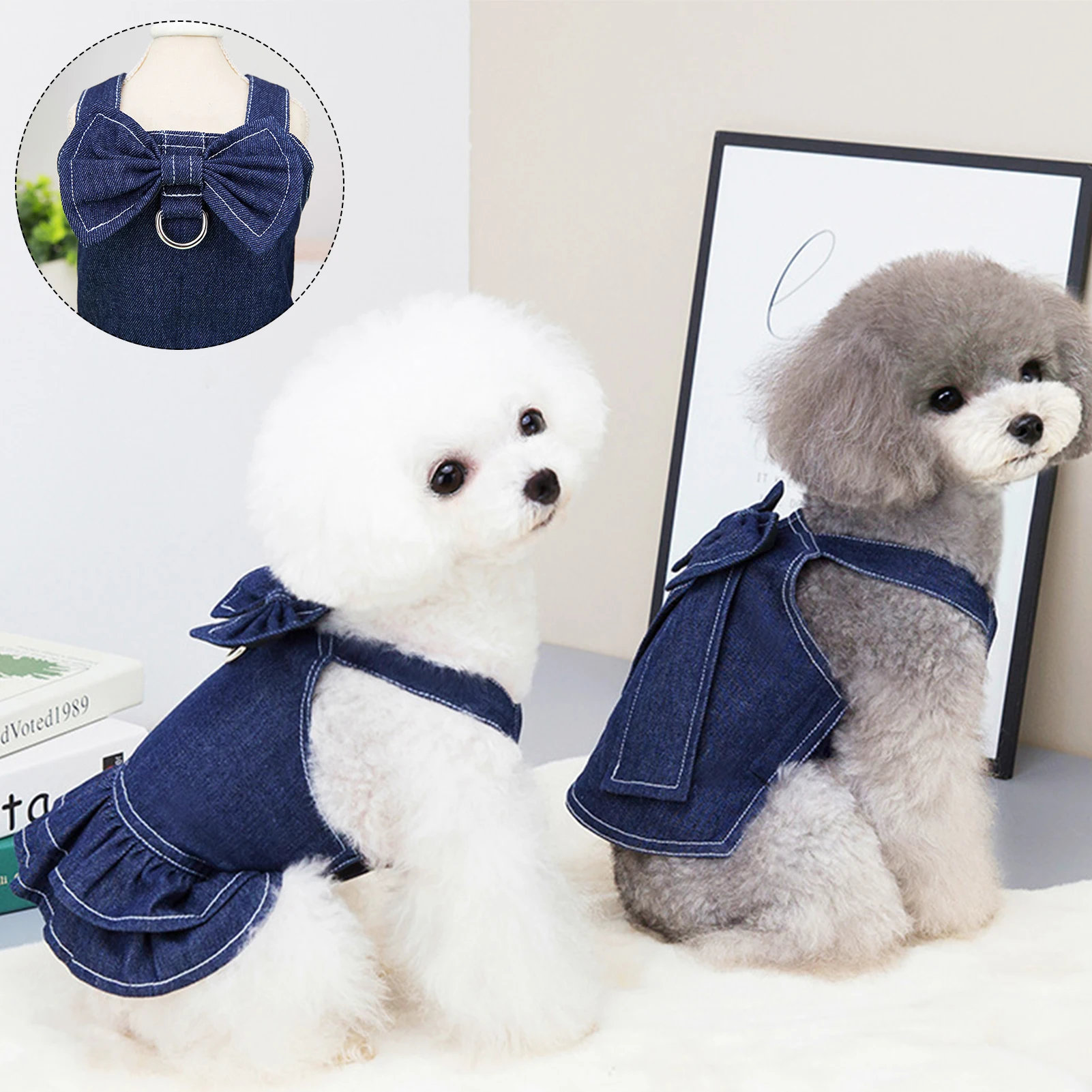 

Pet Clothes Bow Denim Suit Pet Denim Dress With Cute Bow-knot Comfy Vest Skirt Fashionable Comfortable Cute Design Soft Fping