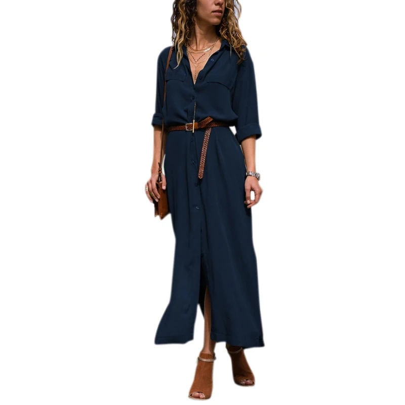 

Women Button Down Collar Roll Up Sleeve Casual Long Maxi Shirt Dress Split Solid