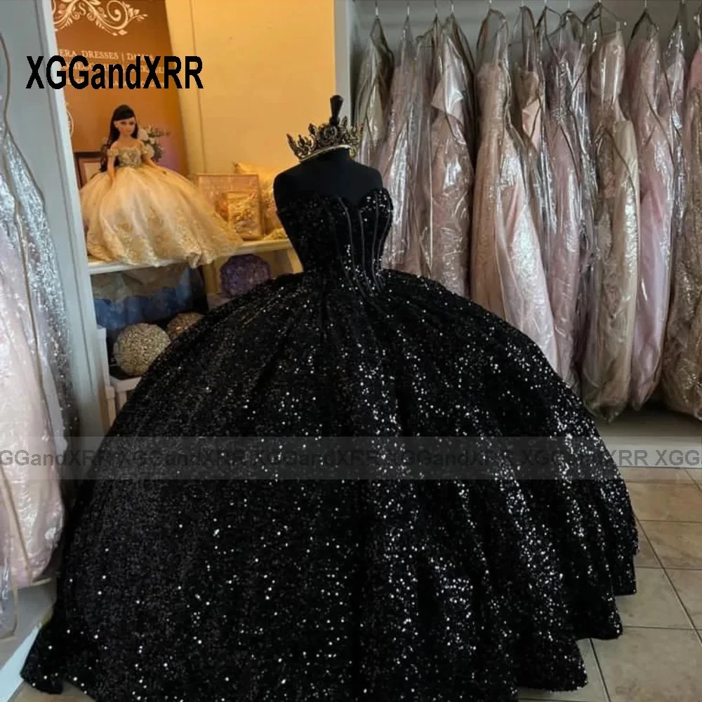 Черное платье Quinceanera по индивидуальному заказу 2024 бальное с блестками Sweet 16