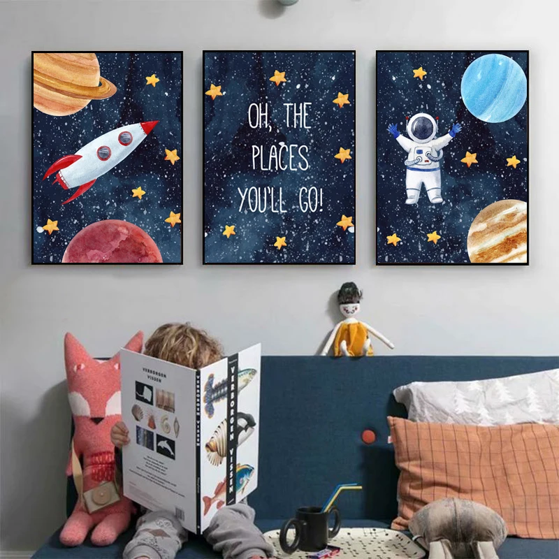 

Nordic Simple Hand-painted Planet Rocket Spaceship Astronaut Cartoon Wall Art Canvas Painting Posters For Kids Room Home Decor