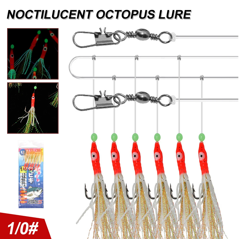 

6 hook/set String Fish Hook 1/0# Squid Fishing Hook Bionic Fish Skin Lure with Luminous Beads Fishing Lures Fishing Tackles