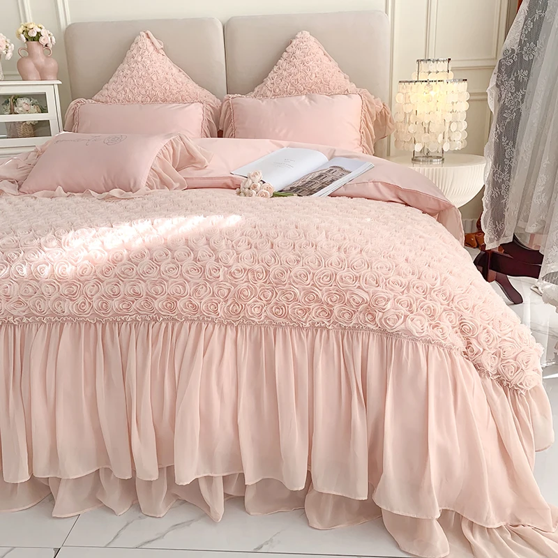 

Handmade Rose Flowers Embroidery Princess Wedding Bedding Set Lace Ruffles 140S Egyptian Cotton Quilt Cover Bed Linen Pillowcase