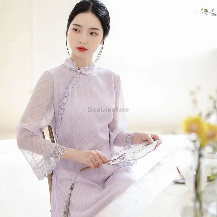 

2022 new chinese style retro improved gauze women cheongsam qipao elegant stand collar half sleeve daily long qipao dress g914