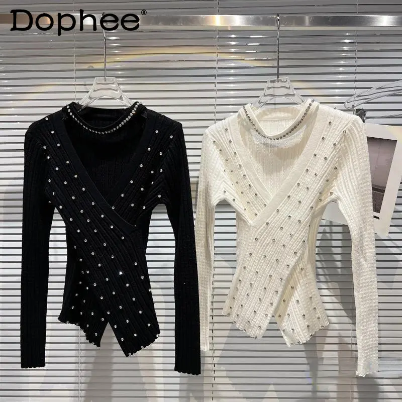 

Привлекательный облегающий свитер с лямкой на шее для женщин 2022, модные свитера с вырезами и перекрестными бусинами, женский эластичный вяз...