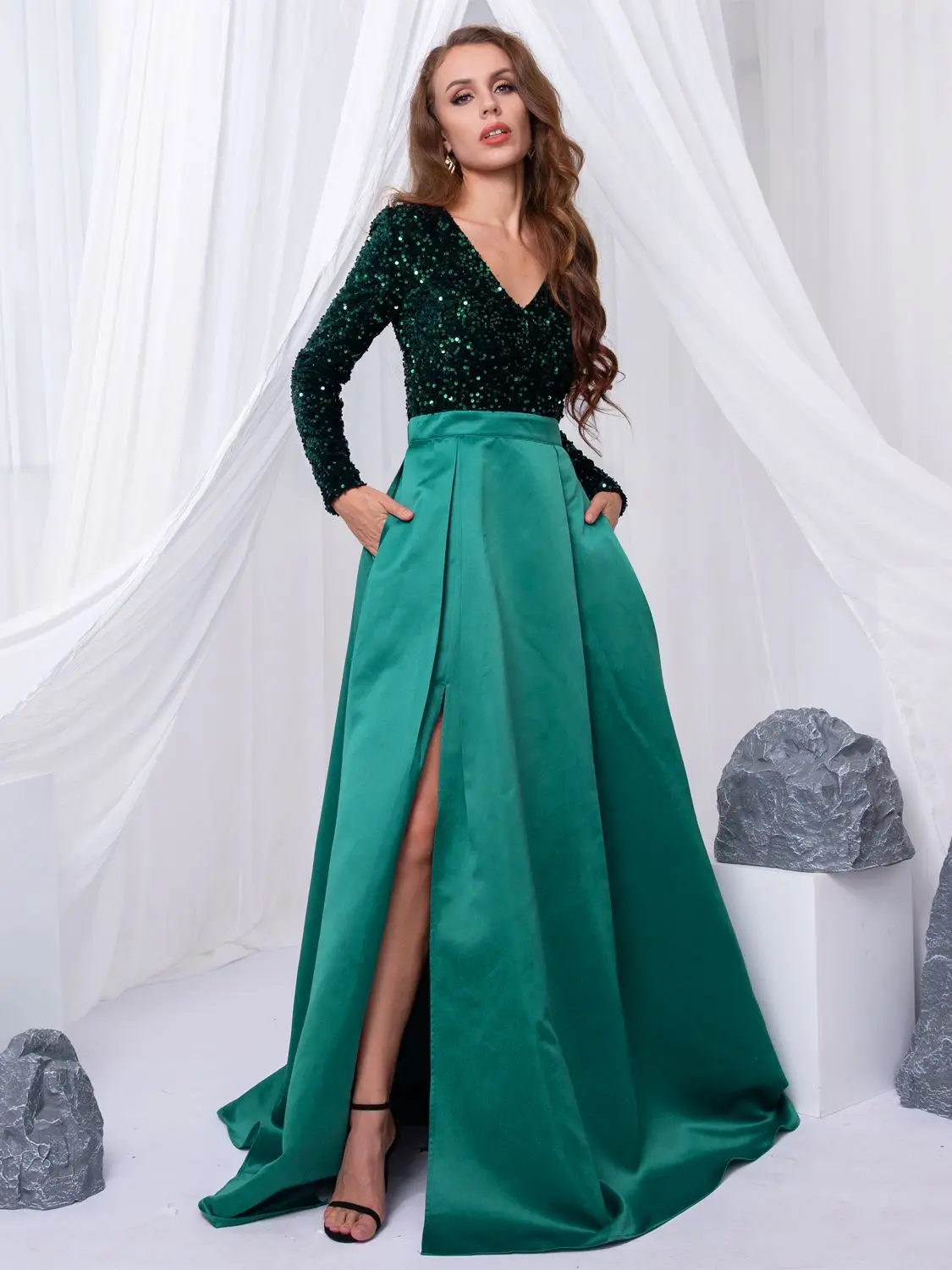 Long Sleeve V Neck Stretch Sparkle Sequin Floor Length Party Dress Slit Patchwork Ball Gown with Porckets