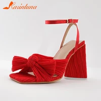 karinluna new silk bow sandals womens red buckle strange high heels elegant sweet party wedding sandals romantic big size 35 43