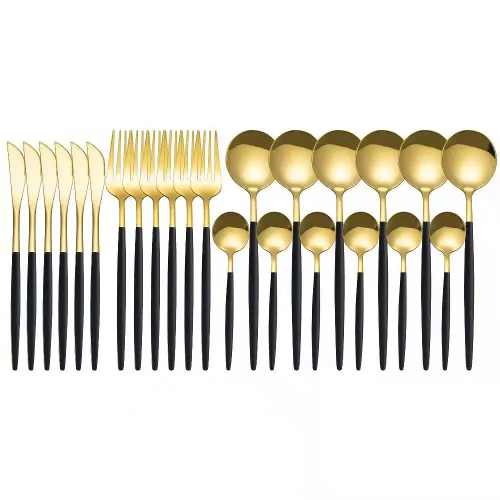 

24 Pcs / Set Stainless Steel Dinner Black Gold Dinnerware Set Knife Fork Coffee Spoon Cutlery Set Kitchen Tableware Set