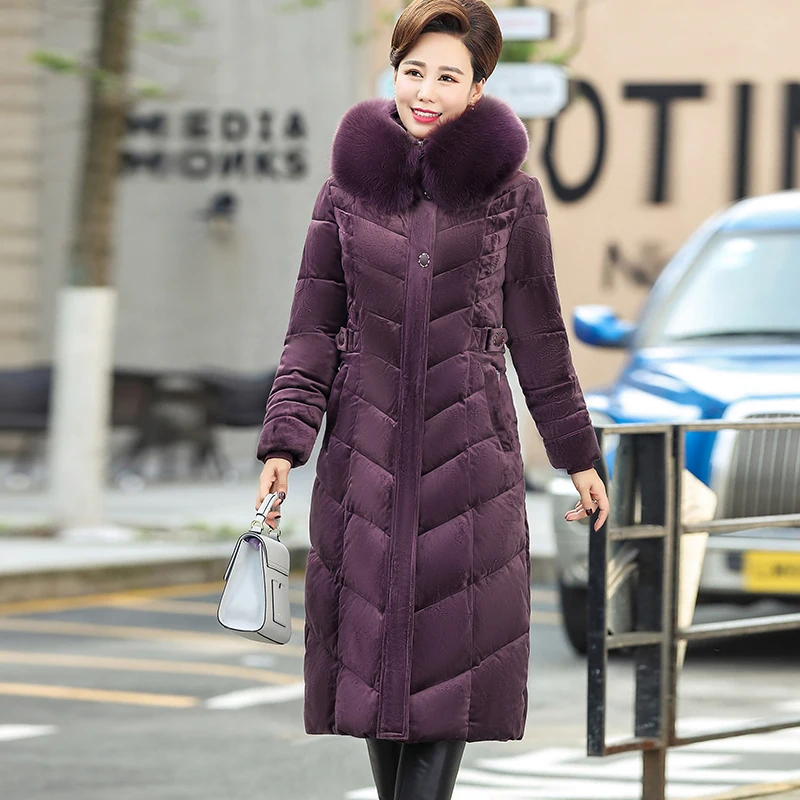 High Quality 2022 Winter Down Cotton Jacket Women Gold Velvet X-Long Womens Winter Coat Hooded Fur Collar Female Jacket