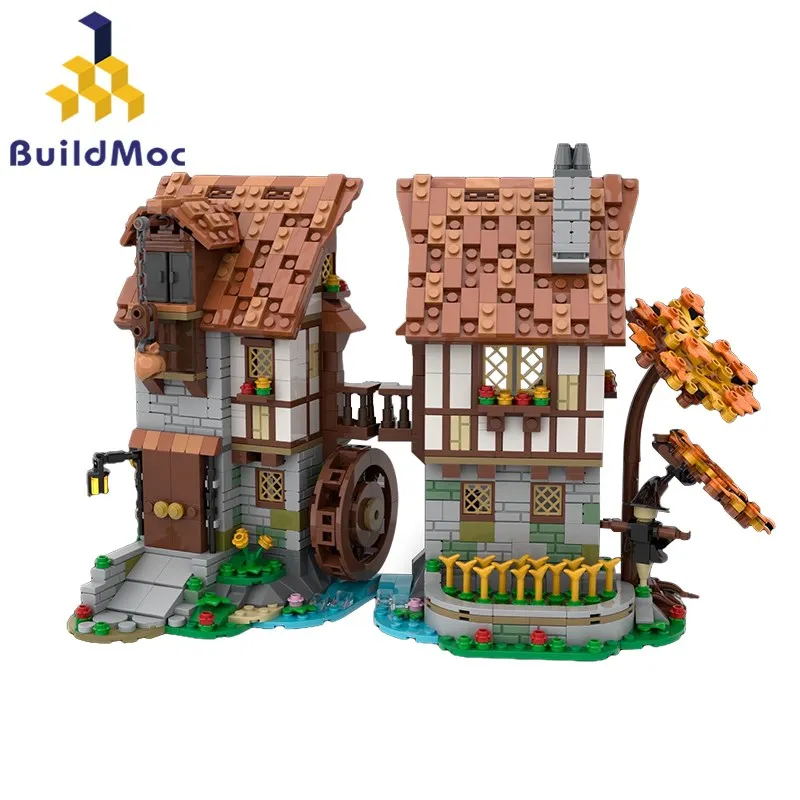 

BuildMoc City Street View Medieval Manor Building Blocks MOC Toys Medieval Water Wheel Castle Bricks Toy for Children Kids Gifts
