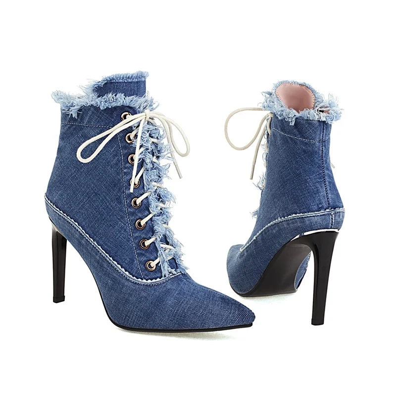 fashion punk retro street denim ankle boots for women European pop sexy pumps pointed toe zipper riding boots lace-up high heels