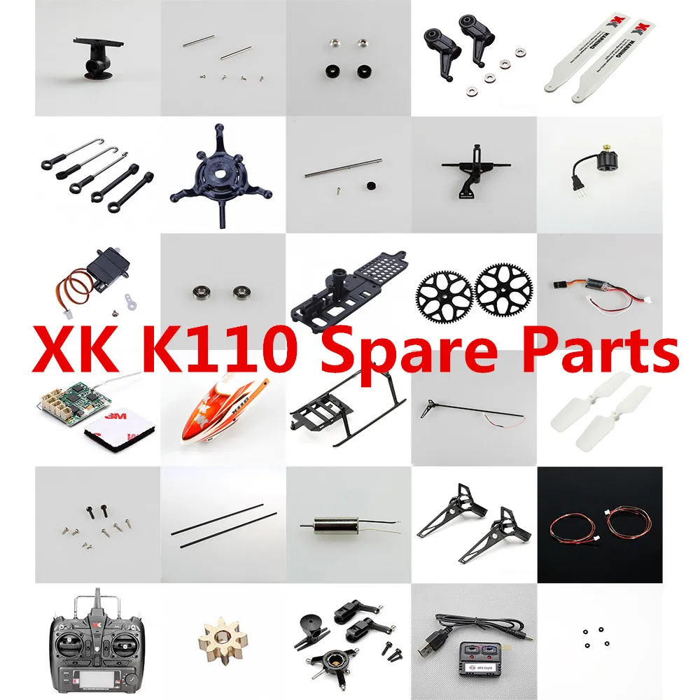 

Wltoys RC Helicopter spare Parts XK K110 blade motor ESC Receiver Servo gear Landing Blade Clips rotor head swashplate Tail etc