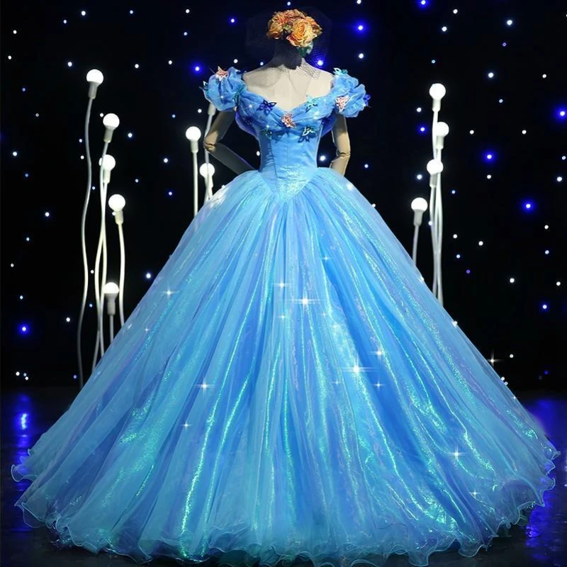 Blue Quinceanera Dresses Fashion Ball Gown V-neck Pleated Floor-length Tulle Cinderella Prom Dress With Butterfly 2023 Sweet 16