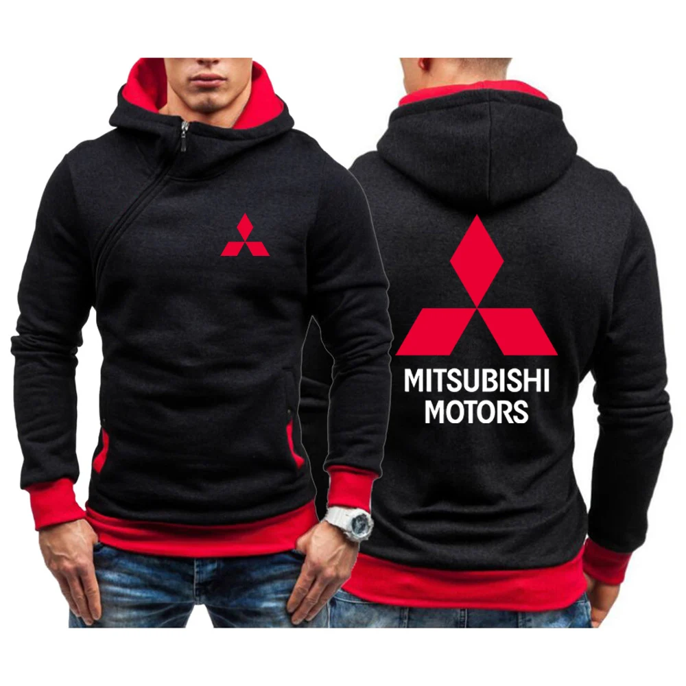 

2023 Spring Autumn Motorcycle For mitsubishi Logo Print Diagonal Zip Design Solid Color Long Sleeve Slim Fit Hoodies Casual Coat