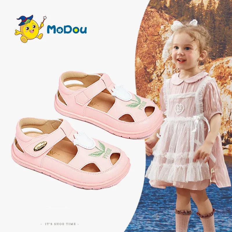 

Mo Dou Girl's Leather Sandals Soft Baby Toe-wrapped Beach Shoes Non-slip Lovely Tulip Cut-outs Breathable Hook and Loop Cozy