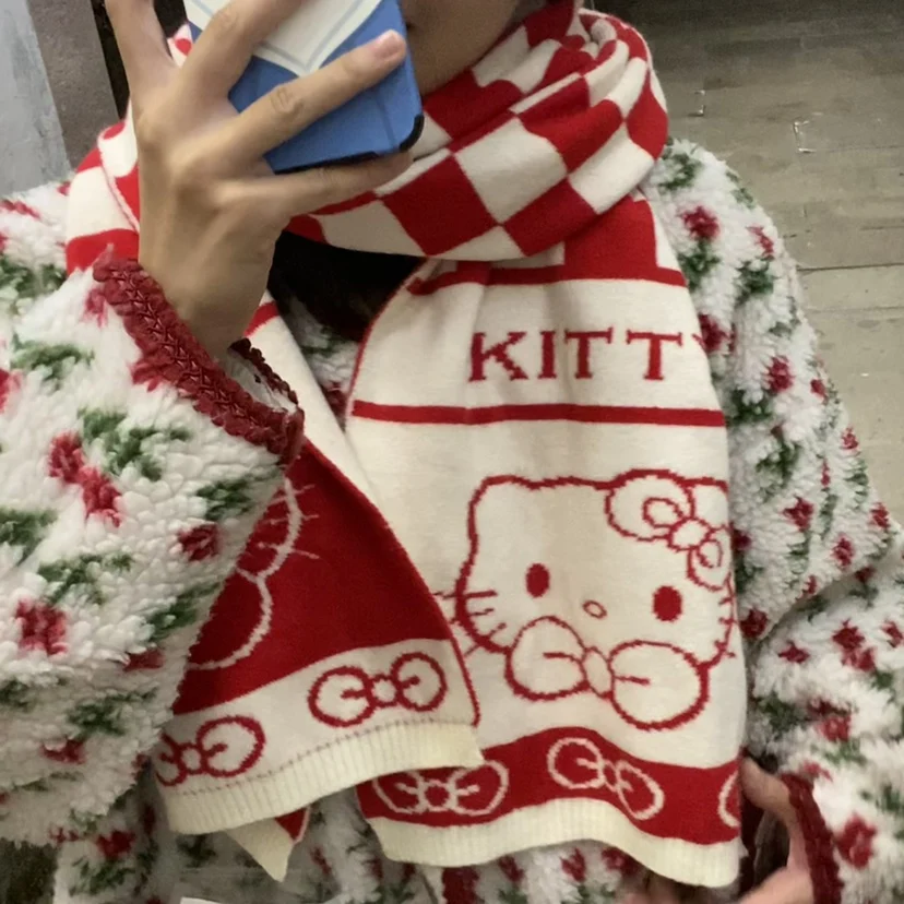 

Зимняя шаль из пашмины в клетку с рисунком кошки Hello Kitty
