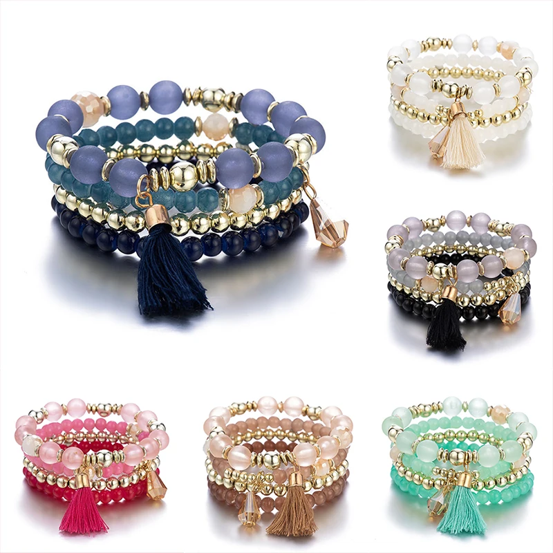 4Pcs Bohemia Tassels Charm Beaded Bracelet Set For Women Boho Crystal Beads Chain Wrap Bangle Female Fashion Jewelry Gift